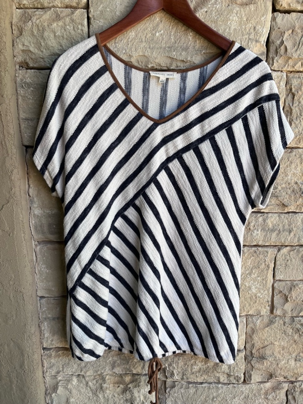 Parallel Skies Navy & Cream Striped V-Neck Pullover Top w/ Suede Inspired Accent